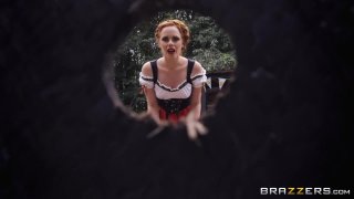 Octoberfest woman Ella Hughes is fond of gigantic cock attacking her face and pussy